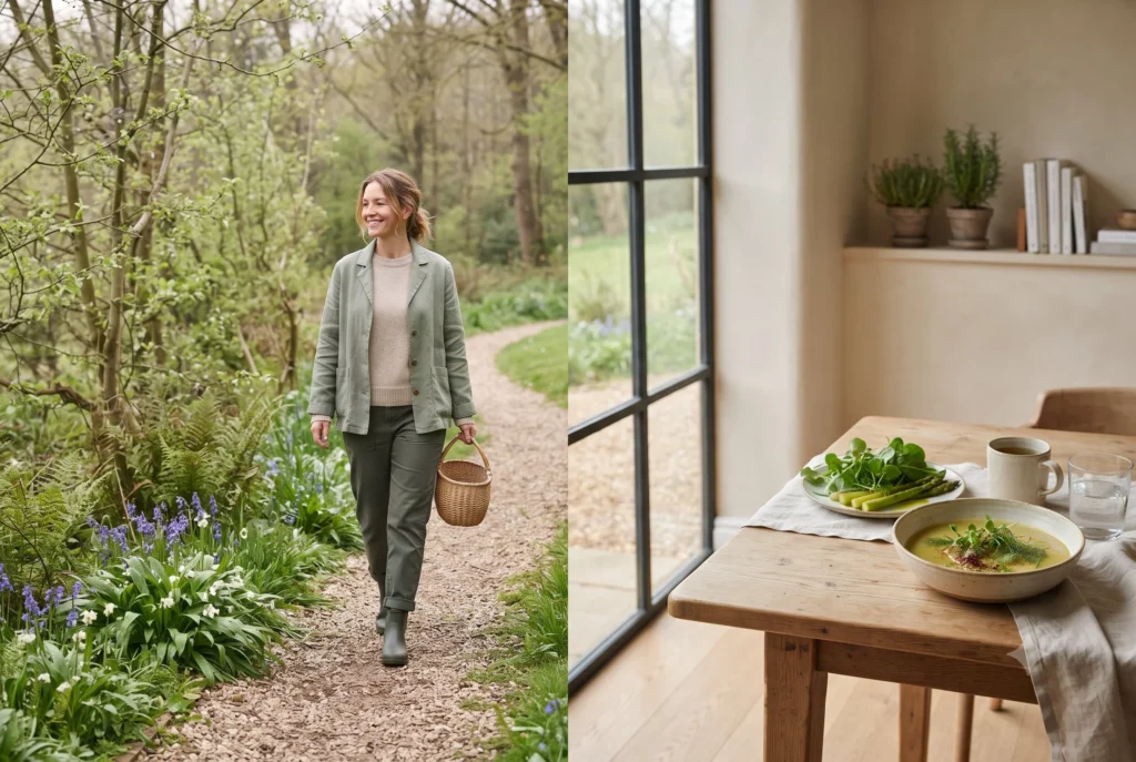 Spring wellness routine with a morning walk, seasonal greens and vegetable soup