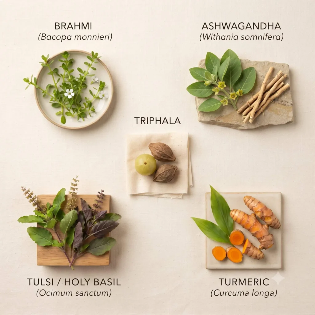 Brahmi, Ashwagandha, Tulsi, turmeric and Triphala ingredients in an Ayurvedic botanical arrangement