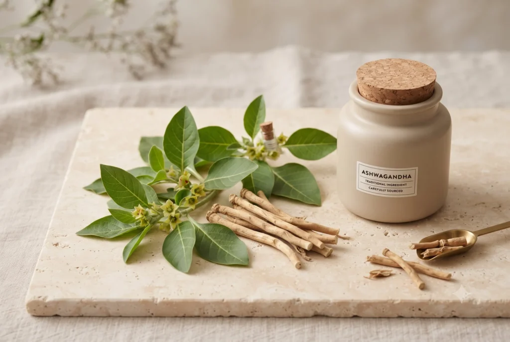 Ashwagandha herb and roots presented in a neutral educational setting